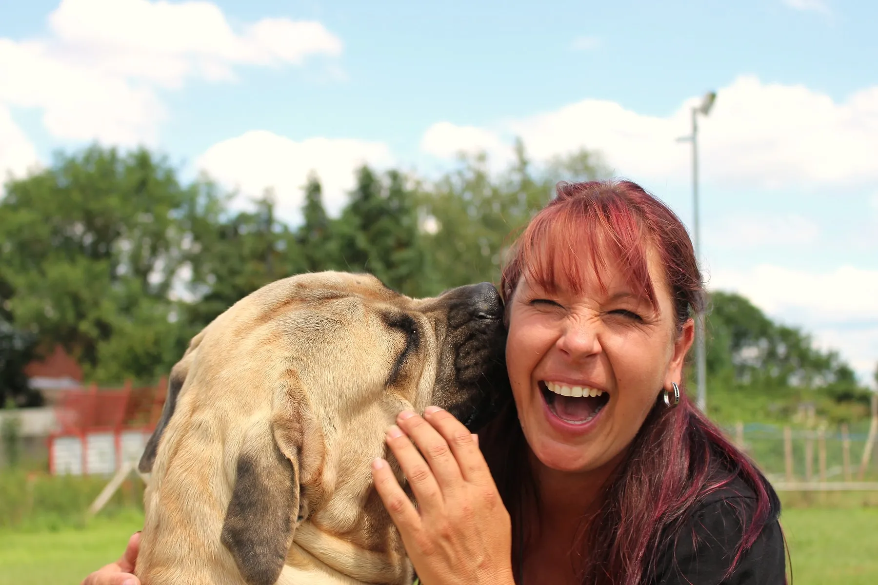Angie lacht herzlich, während ihr Mastiff ihr die Wange leckt